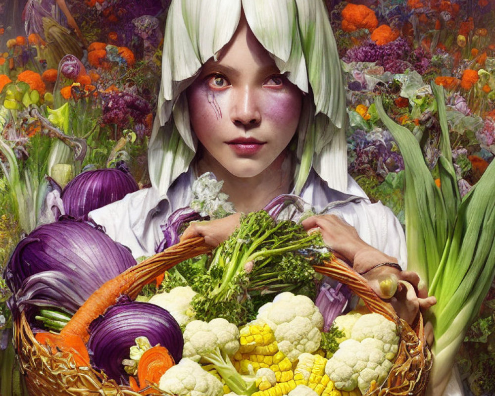 Fantastical figure with white petal hair holding colorful vegetables in lush garden