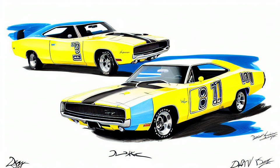 Vintage Dodge Charger Muscle Cars in Yellow and Blue Racing Decals
