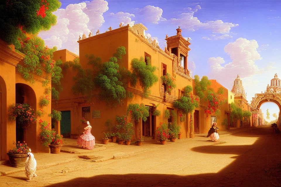 Colonial street painting with women in period dresses