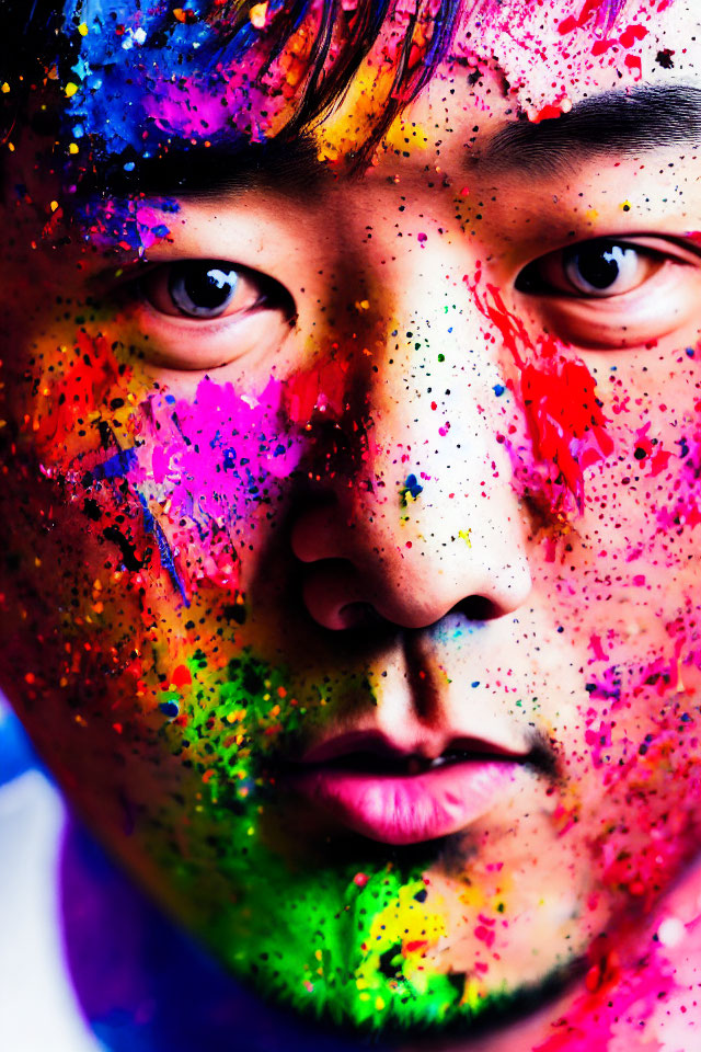 Vividly painted face in rainbow colors with intense gaze