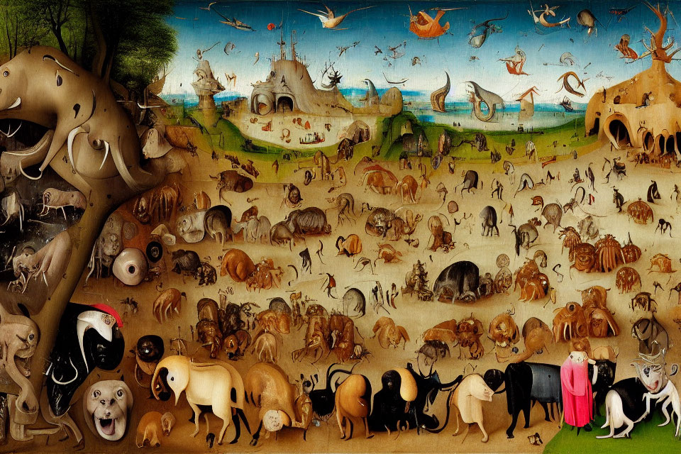 Detailed painting of real and mythological animals on grassy plain