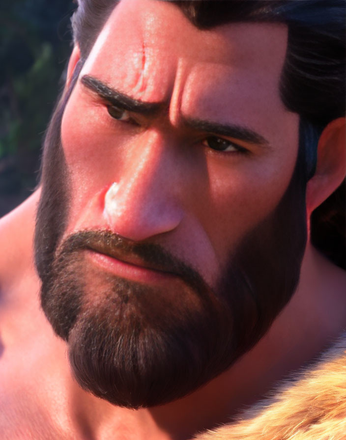 Detailed depiction of stern animated male character with dark beard and fur garment