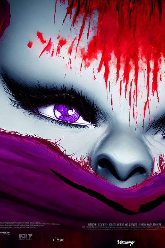 Intense gaze with purple eyes, splattered blood, pink hint