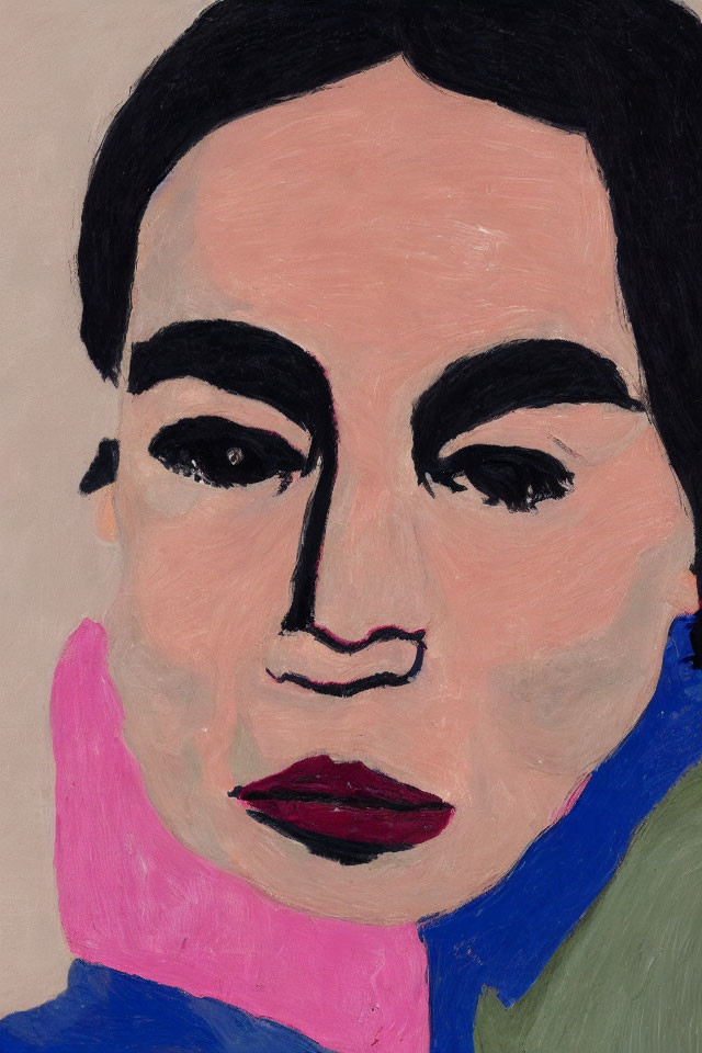 Colorful abstract portrait with bold eyebrows and lips.