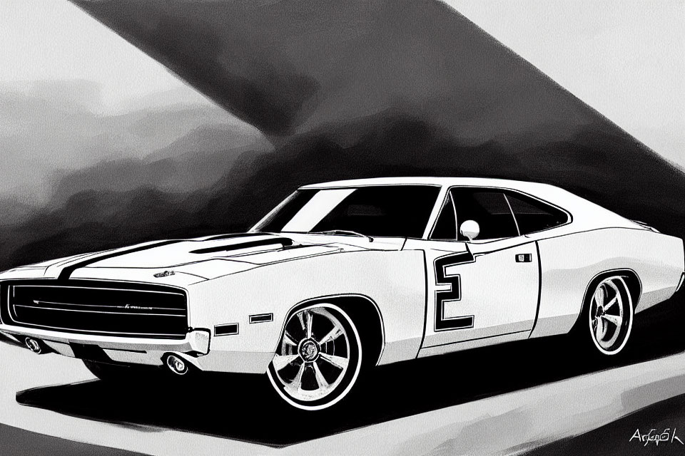Monochrome classic muscle car illustration with bold lines and shadows