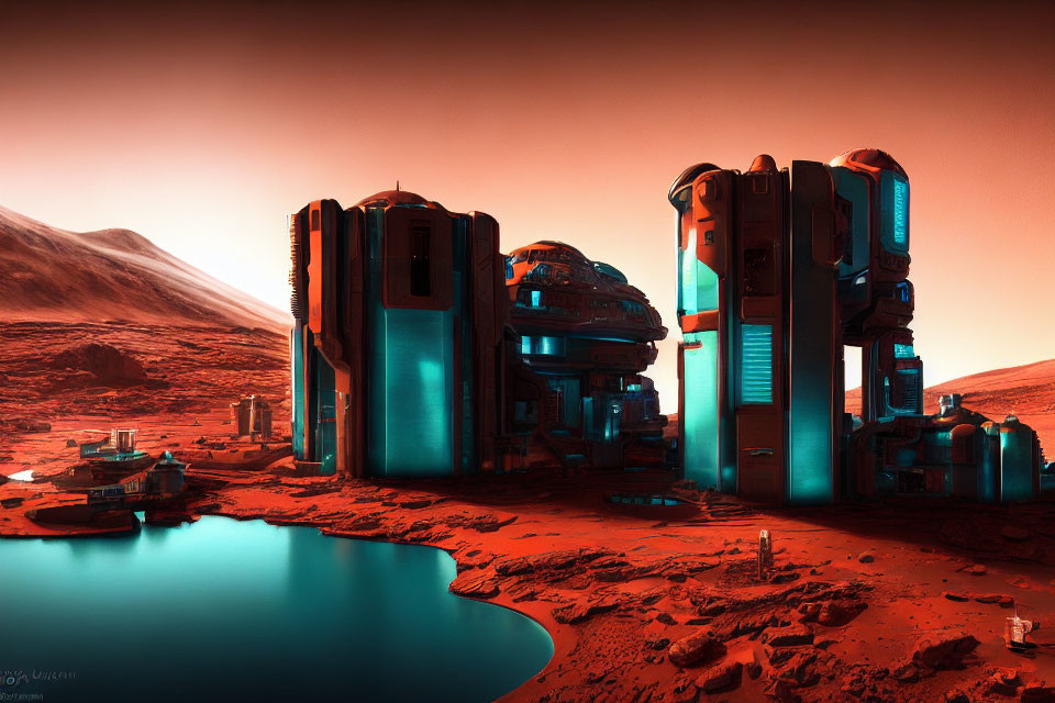 Futuristic Mars colony with domed and towering structures near a lake under a reddish sky