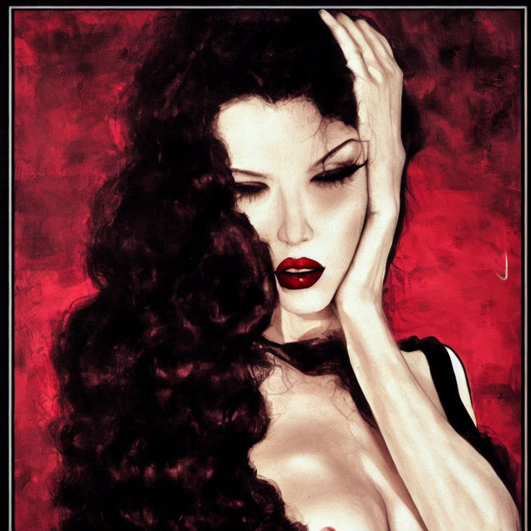 Portrait of a woman with dark hair, red lipstick, and black strap on red backdrop