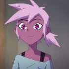Pink-haired animated character with large purple eyes in a surprised expression, wearing light blue top