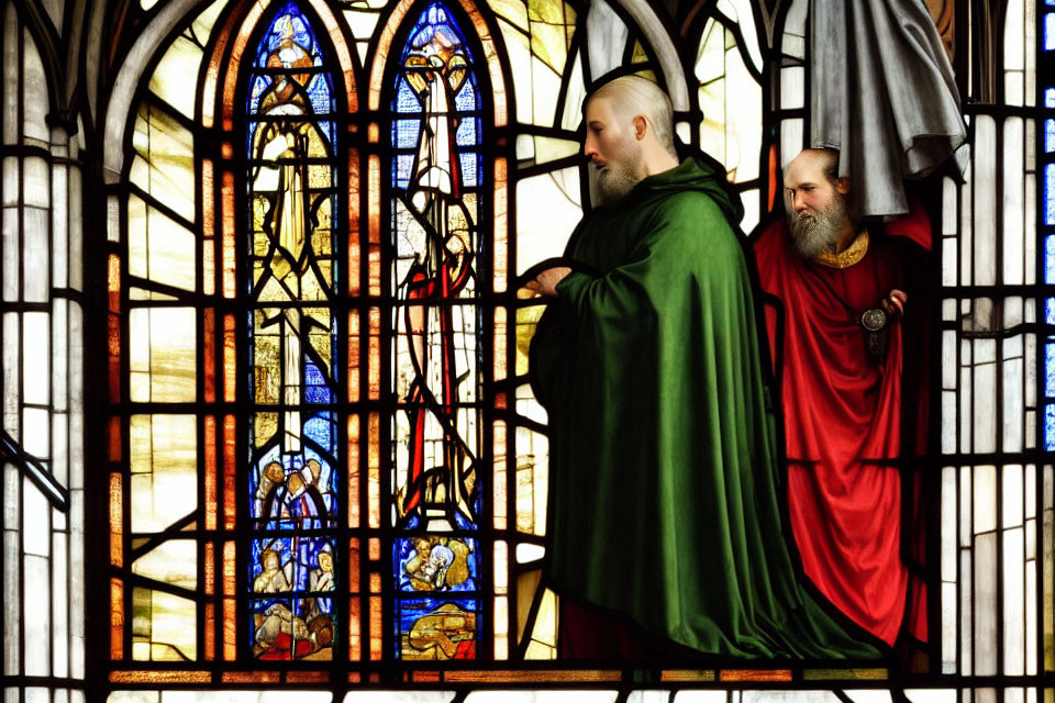 Stained Glass Figures in Green and Red Against Elaborate Window Background