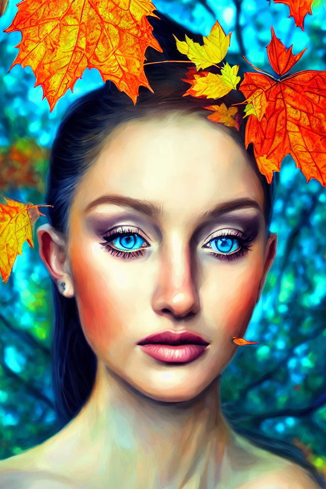 Vibrant digital portrait of woman with blue eyes and autumn leaves