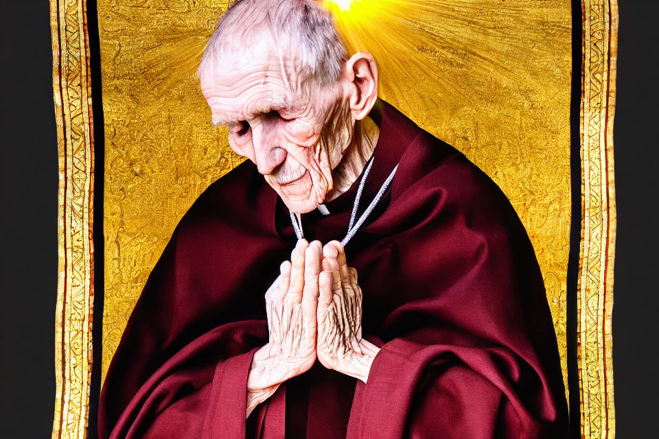 Elderly Person in Maroon Robe Praying with Radiant Halo