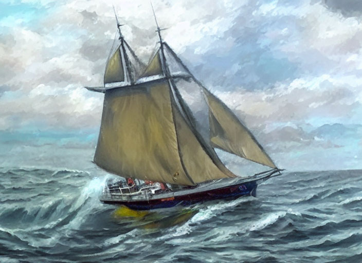 Sailboat with taut sails navigating choppy seas under stormy sky
