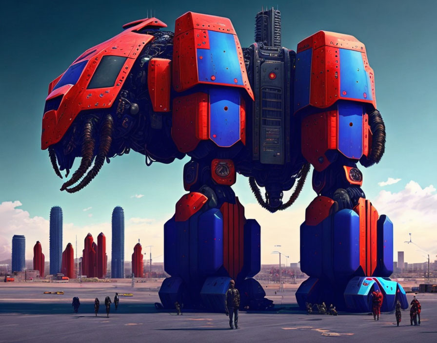 Blue and Red Armored Giant Robot in Futuristic Cityscape