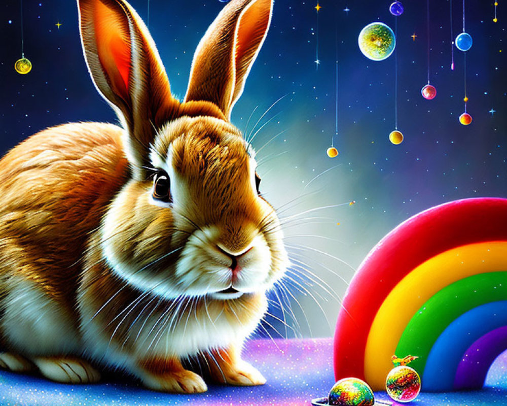 Colorful Rabbit Artwork with Cosmic Elements and Planets in Starry Space