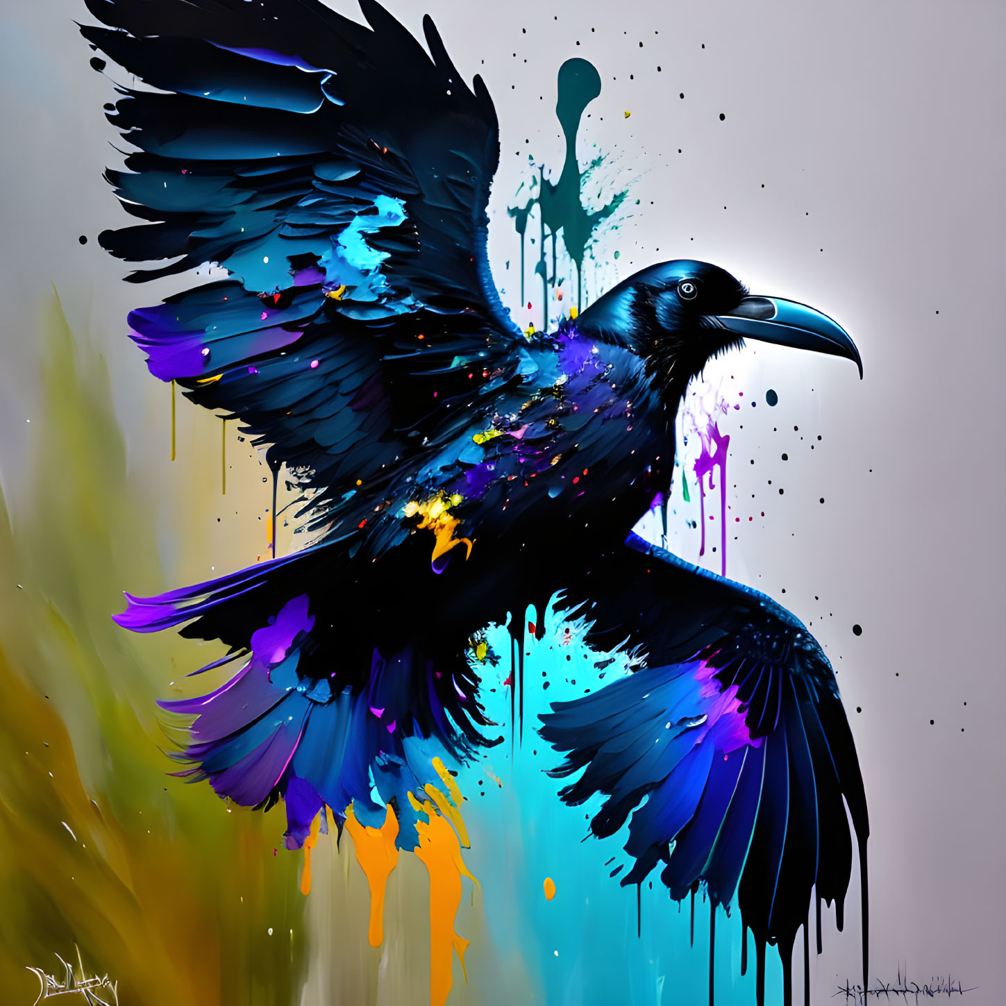 Colorful digital artwork: Crow with spread wings and abstract details