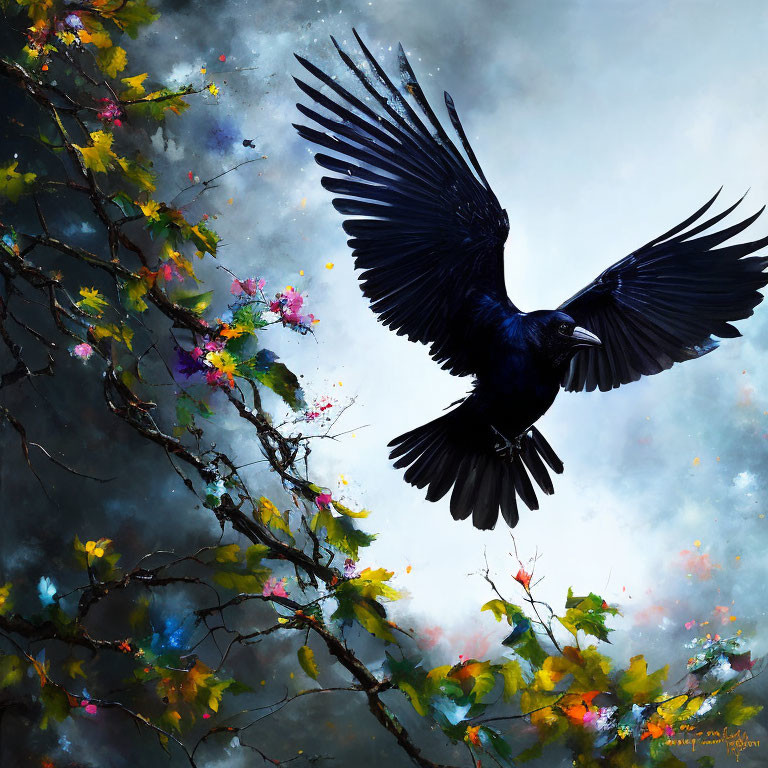 Black raven flying among colorful blooms and leaves in moody sky.