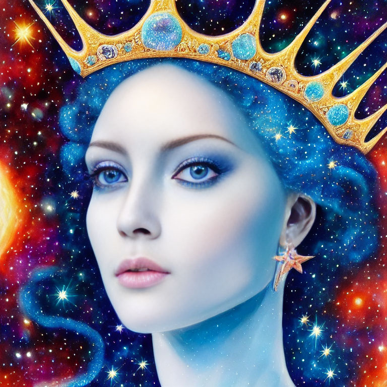 Cosmic-themed woman with glittering crown and star earring in starry space.