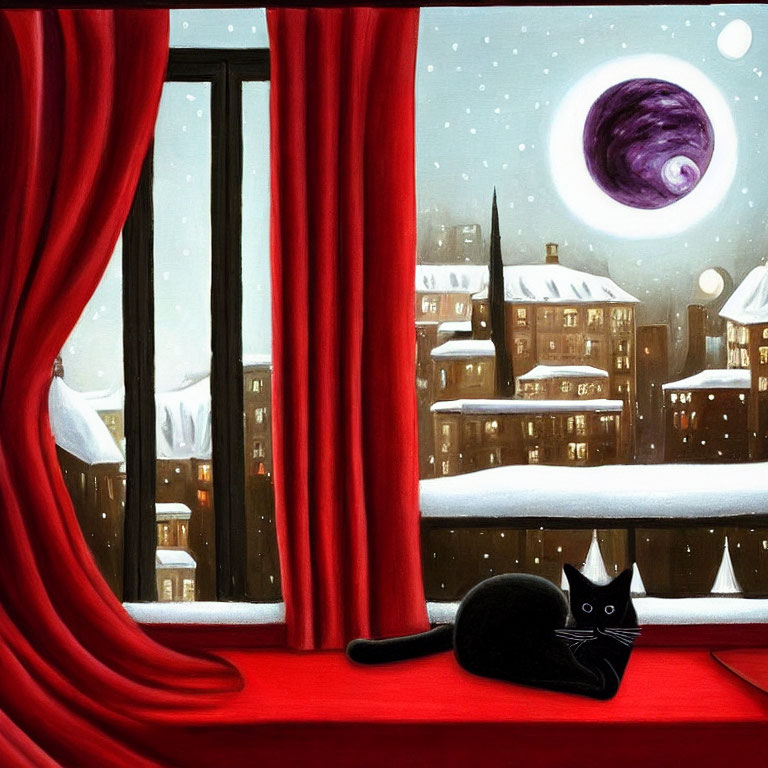 Black cat on red windowsill gazes at snowy cityscape with purple planet