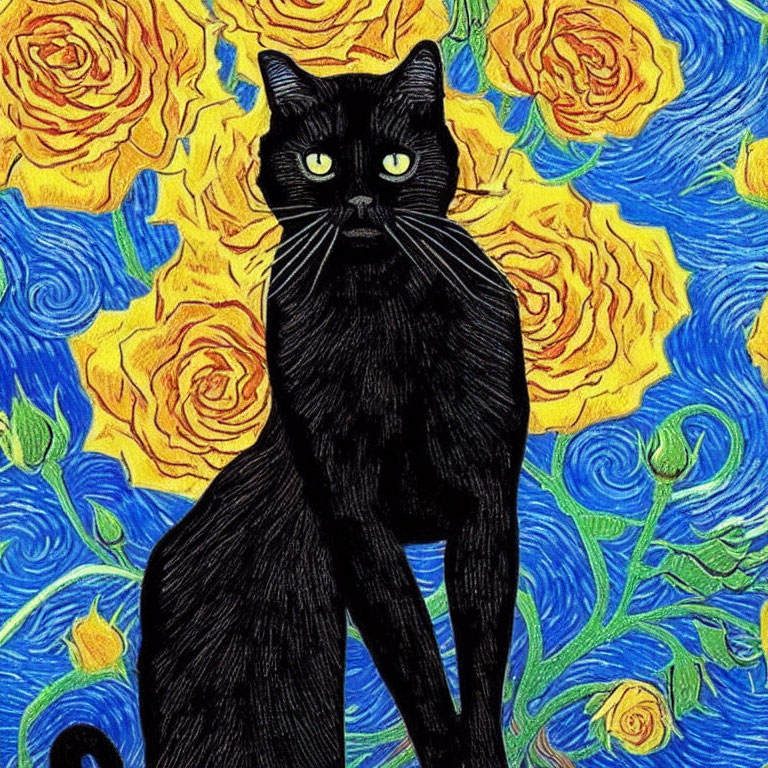 Black cat with green eyes on blue and yellow swirl background