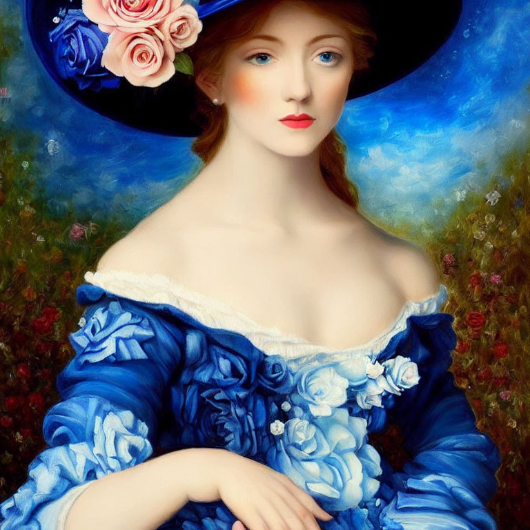 Woman with Red Lips and Blue Hat in Floral Dress and Background