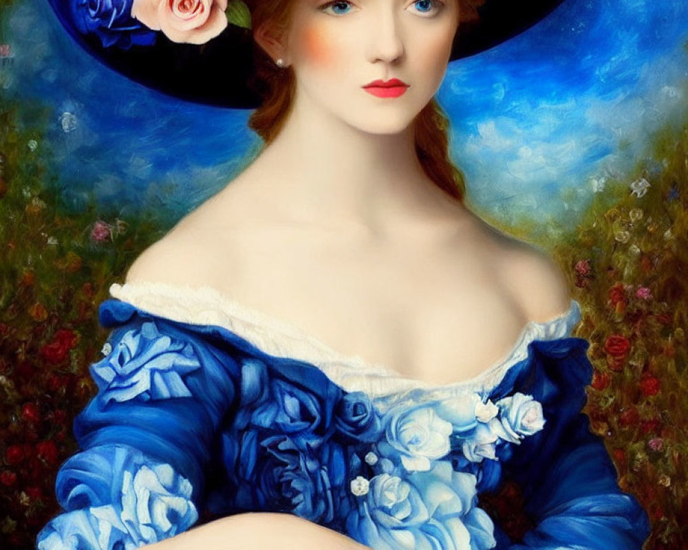 Woman with Red Lips and Blue Hat in Floral Dress and Background