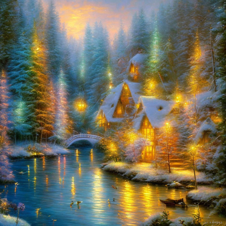 Snow-covered cottage with river, pine trees, ducks, and starry sky