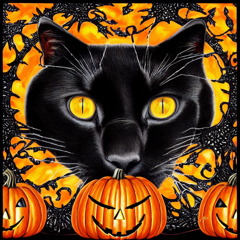 Illustrated black cat with yellow eyes among pumpkins on orange Halloween backdrop