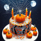 Spooky Halloween cake with spider webs, pumpkins, and candles