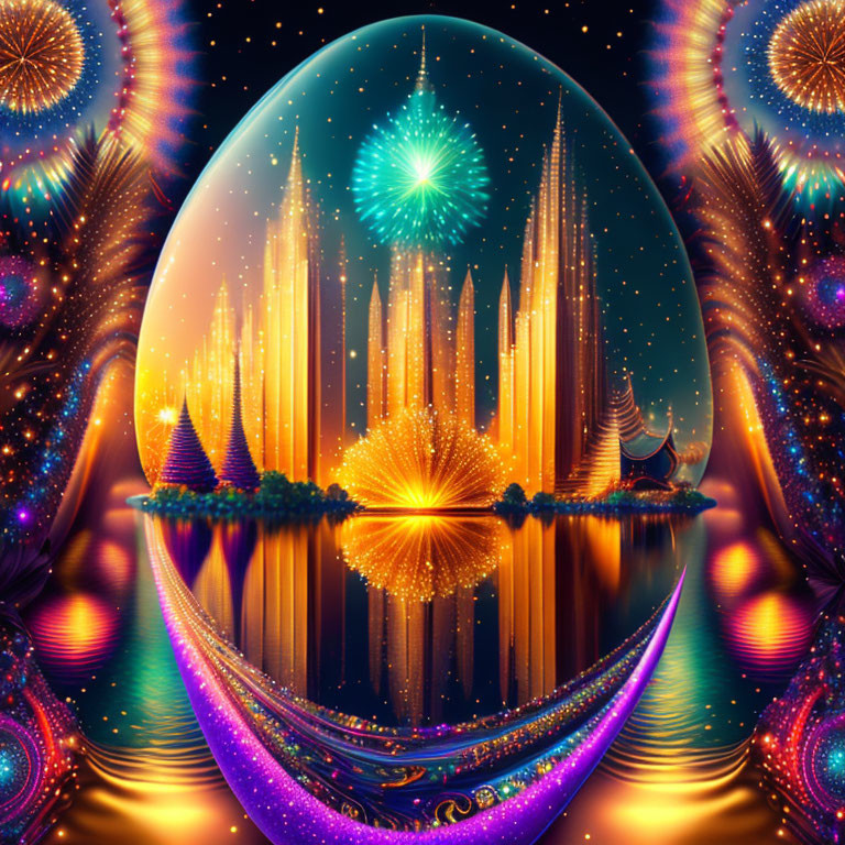 Futuristic cityscape with glowing towers in cosmic egg surrounded by stars