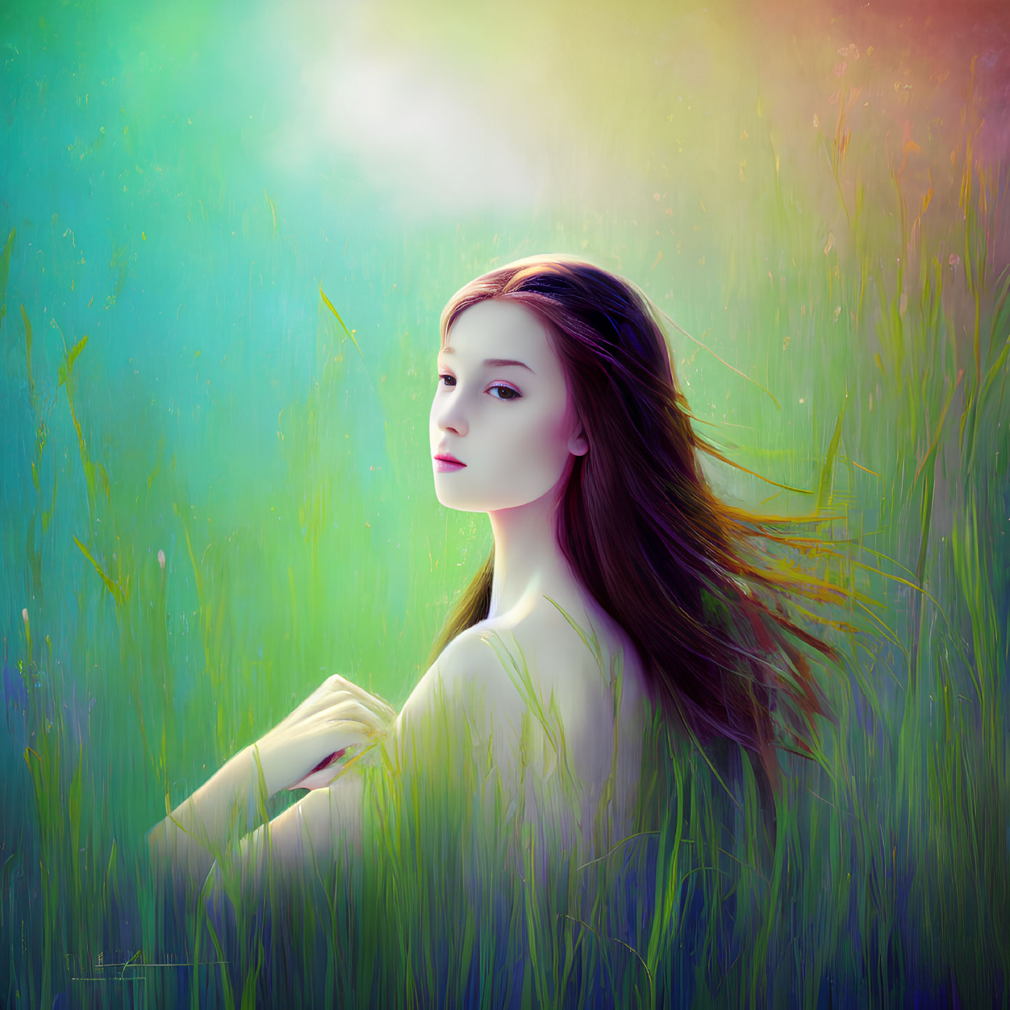 Long-haired woman in tall grass against multicolored backdrop