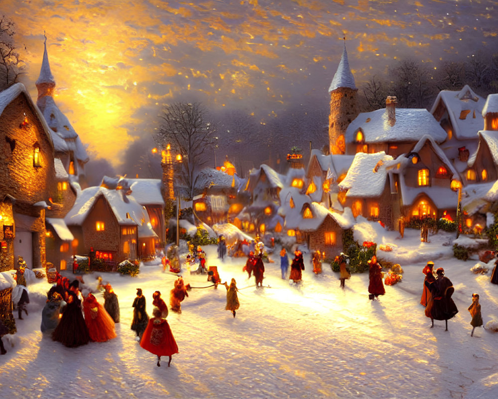 Snow-covered village at twilight with festive square gathering