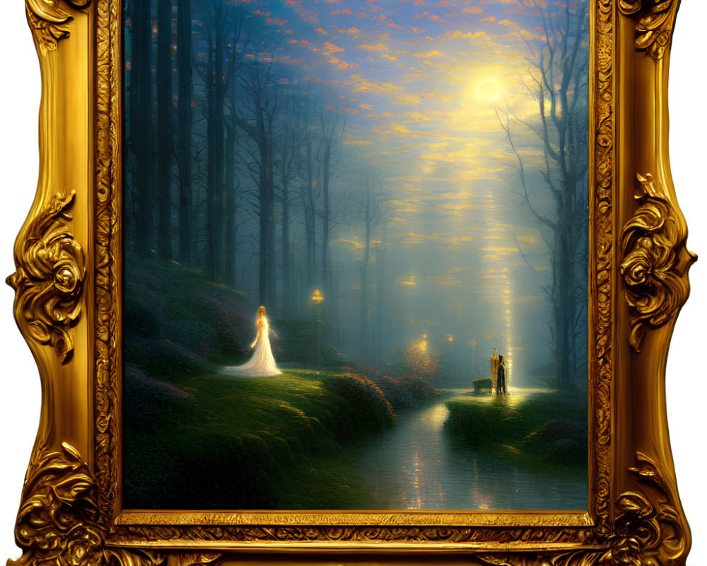 Gold-framed mystical forest scene with ghostly figure and moonlit sky.