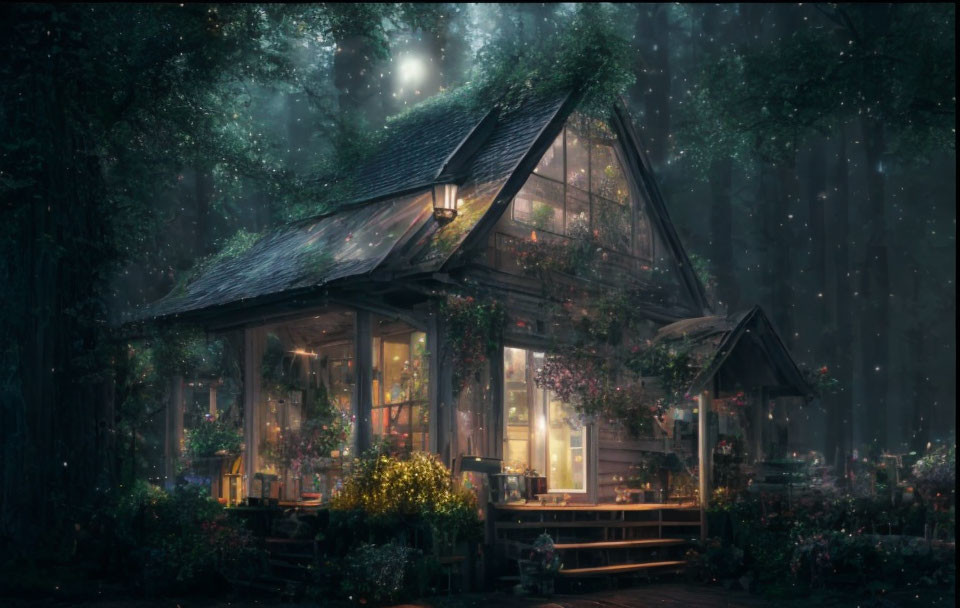 Enchanting cottage in mystical forest under starry sky