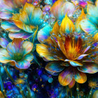 Fantastical flowers in blue, orange, and yellow with luminous petals