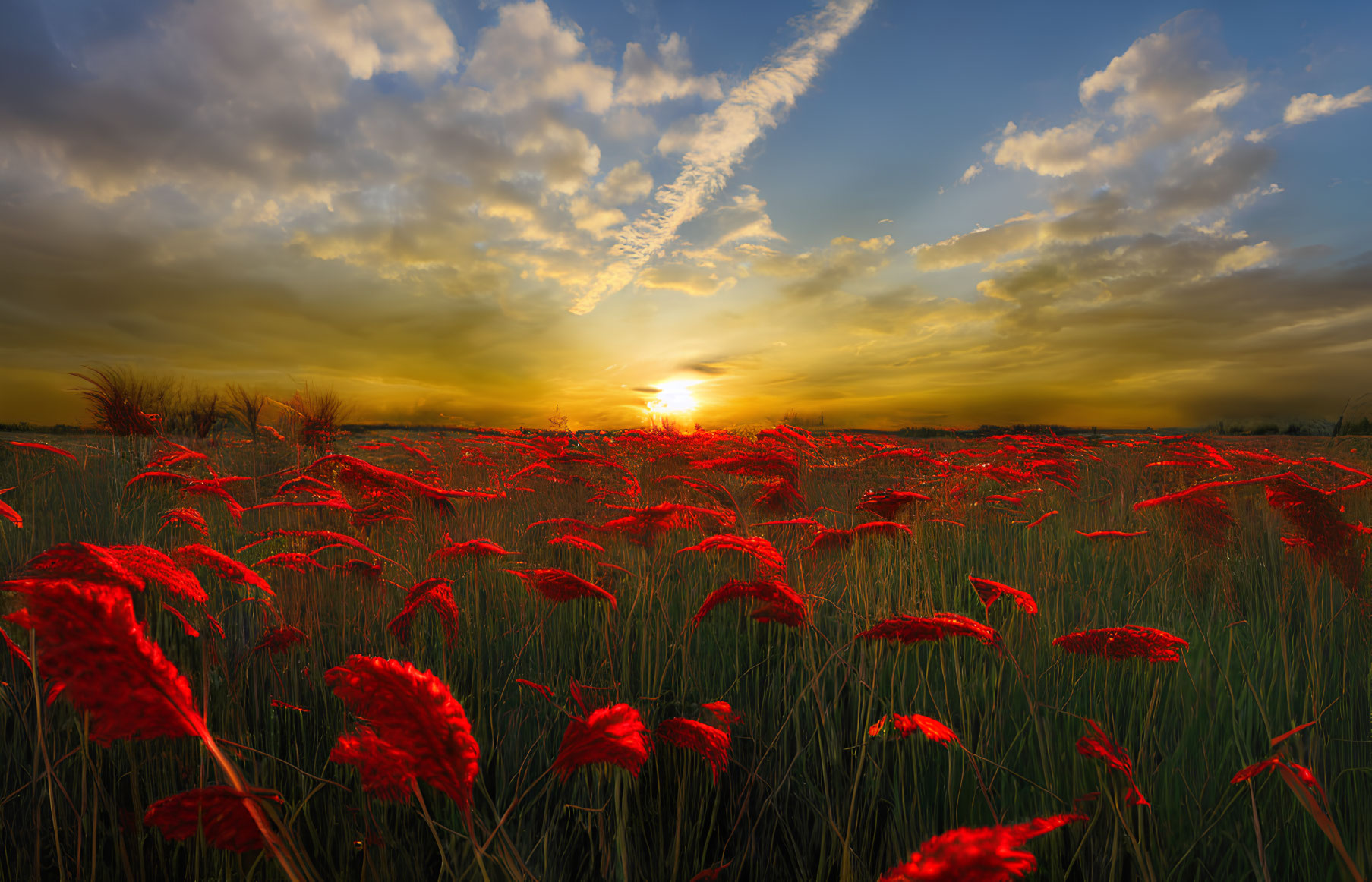 Colorful sunset over red flower field with dramatic clouds