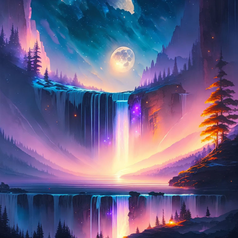 Fantasy landscape with moonlit waterfall and mystical trees in pink and blue hues