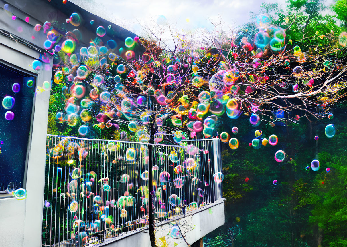 Colorful soap bubbles float by balcony with greenery, creating whimsical scene