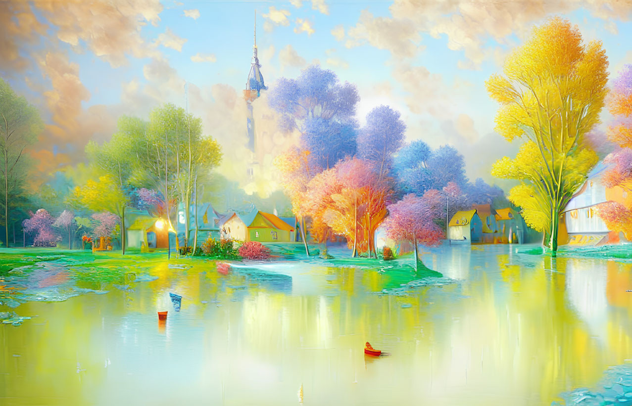 Colorful painting of village, trees, river, and sky.