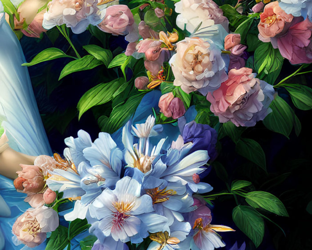 Colorful Flowers with Blue Fabric in Floral Scene