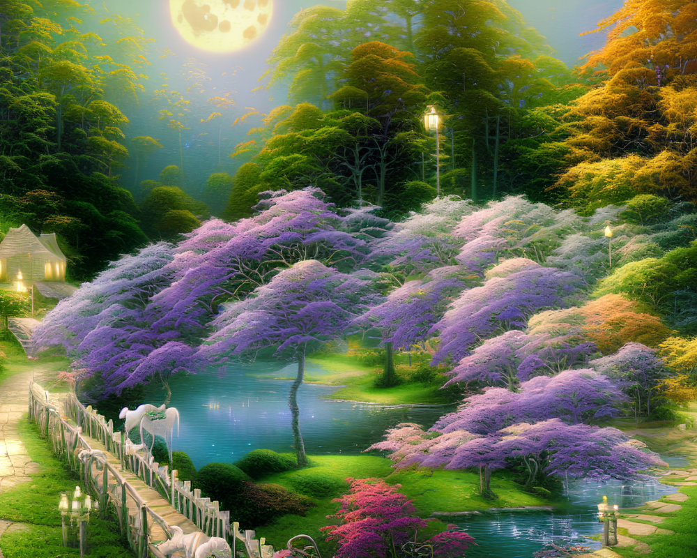 Tranquil garden at dusk with purple trees, full moon, lantern-lit pathways, and serene