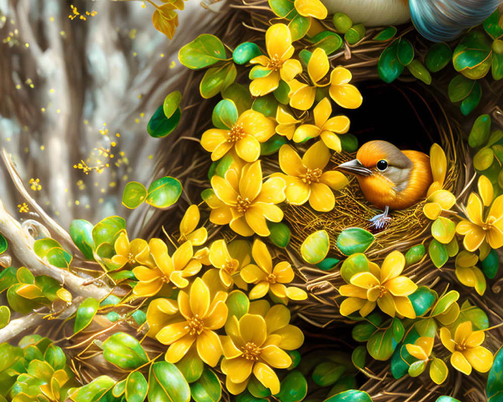 Colorful bird illustration with yellow flowers, green leaves, and whimsical features.