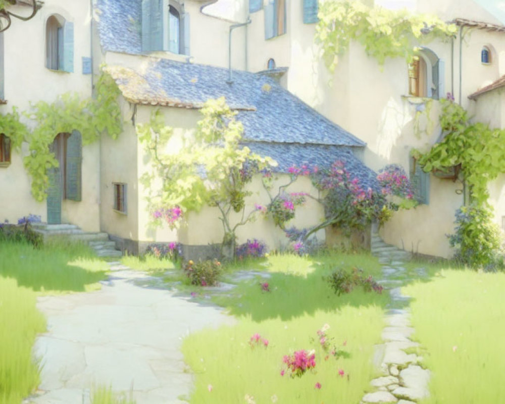 Idyllic village scene with quaint houses and lush greenery