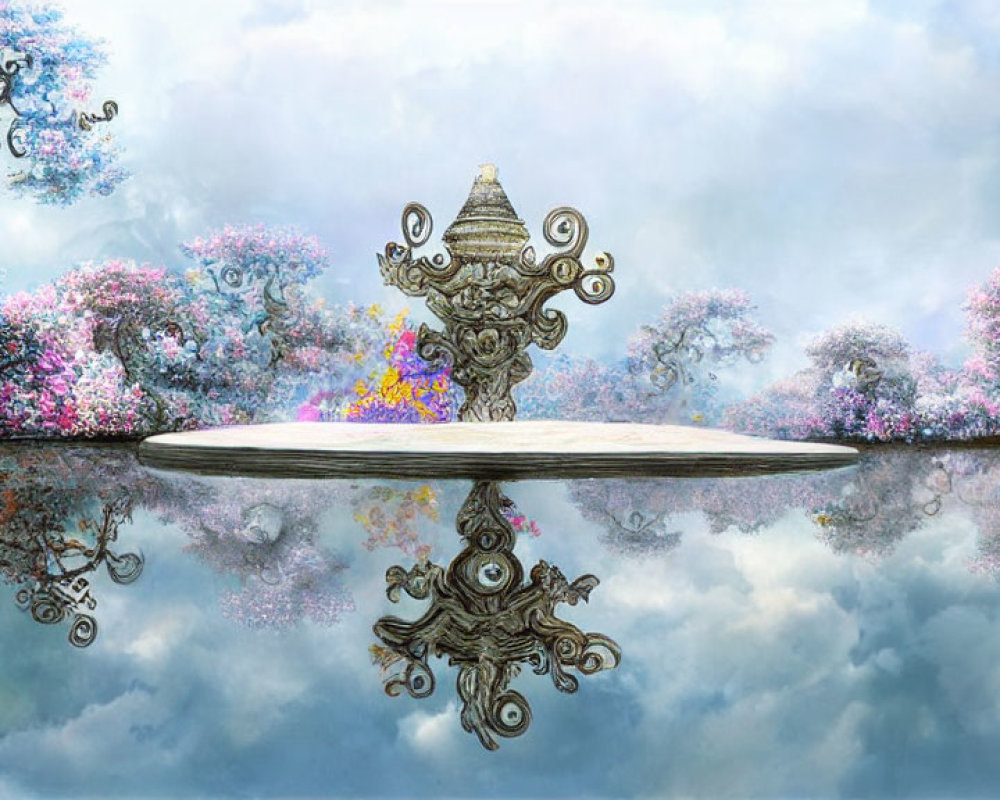 Ornate floating platform above reflective surface in dreamy landscape