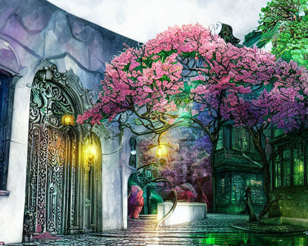 Colorful fantasy streetscape with pink trees, ornate buildings, and sculptural street lamp.
