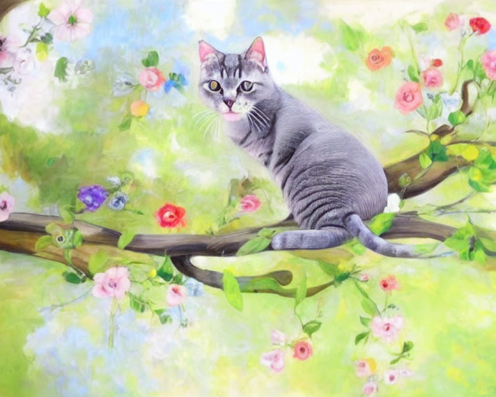 Grey Tabby Cat with Blue Eyes on Blooming Tree Branch in Vibrant Painting