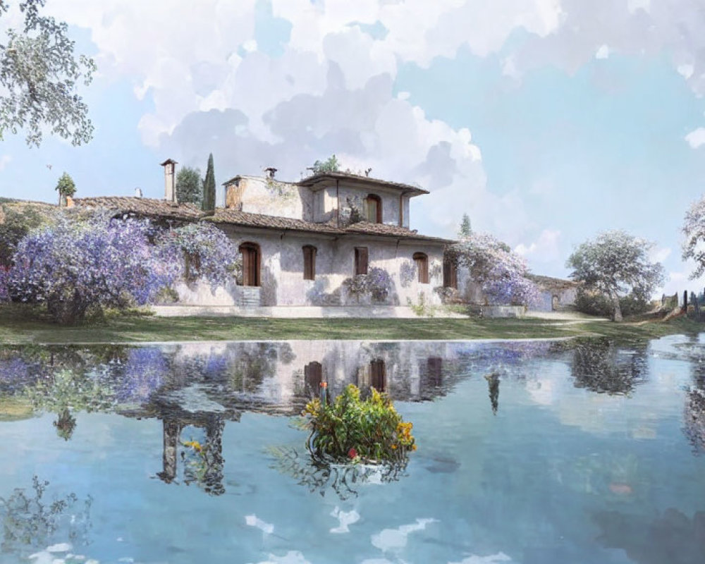 Country House with Tiled Roof Surrounded by Flowering Trees and Tranquil Pond