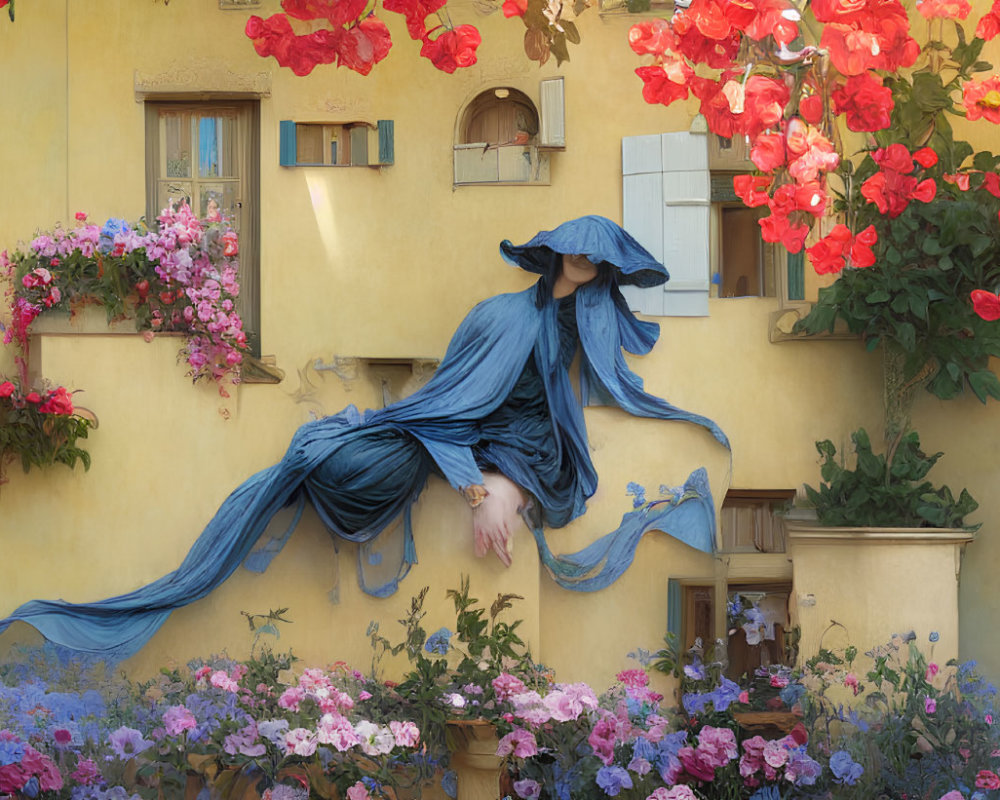 Surreal image: Woman in flowing blue garments on floral staircase