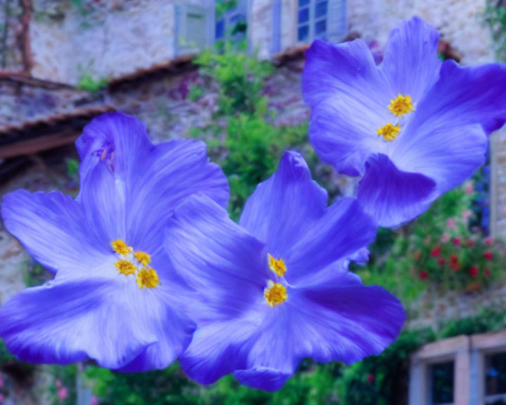 Three vibrant purple flowers with yellow centers on blurred stone building background.