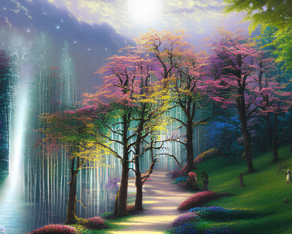 Enchanting forest scene with vibrant trees, glowing path, serene waterfall, and hidden structure.