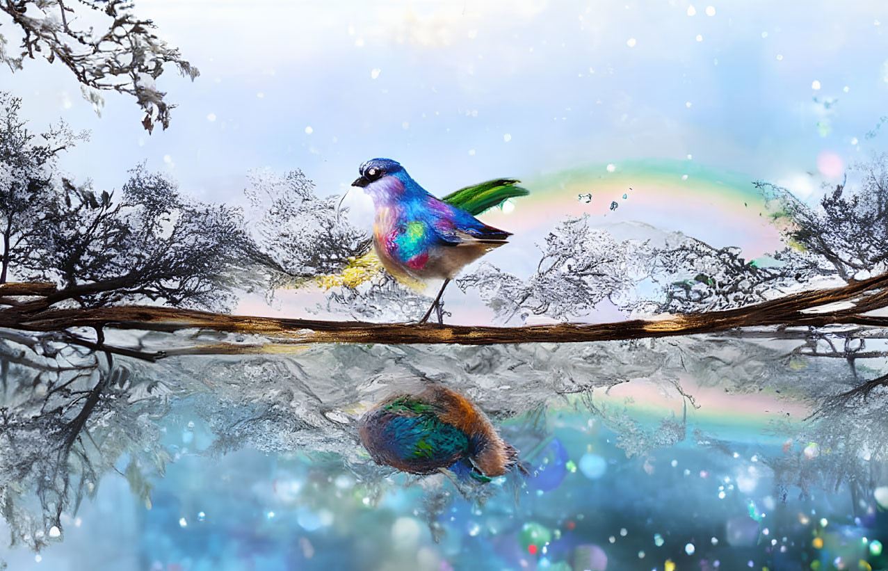Colorful bird on branch with reflection in water and soft-focus background.